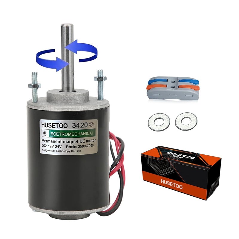 HUSETOO محرك تيار مستمر عالي العزم 12V/24V، محرك هادئ لمشاريع DIY مع موصل كابل لمحركات كهربائية ومولدات، 30W CW/CCW 3500/7000RPM (عمود دائري) - Image 1